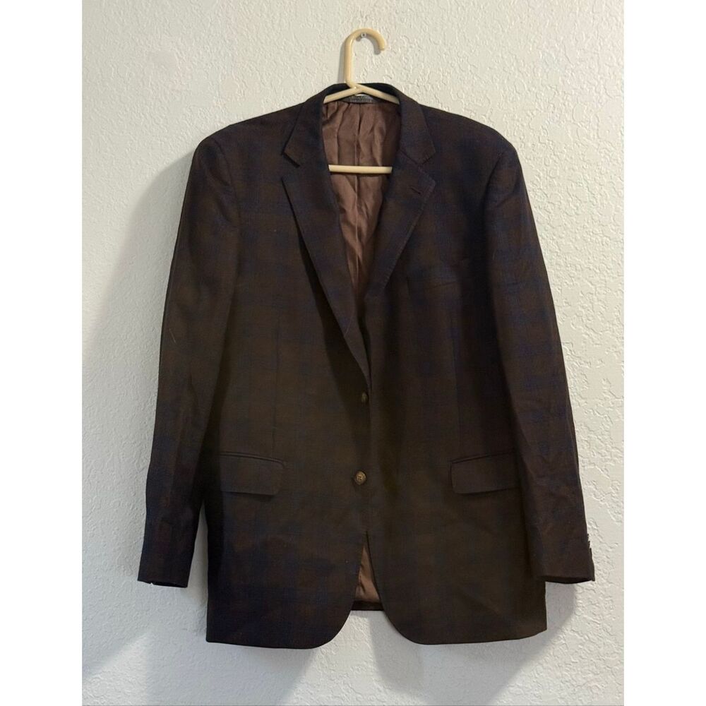 Zanetti Elements‎ Sport Coat Mens 44R Brown Blue Plaid Two Button Wool Blazer